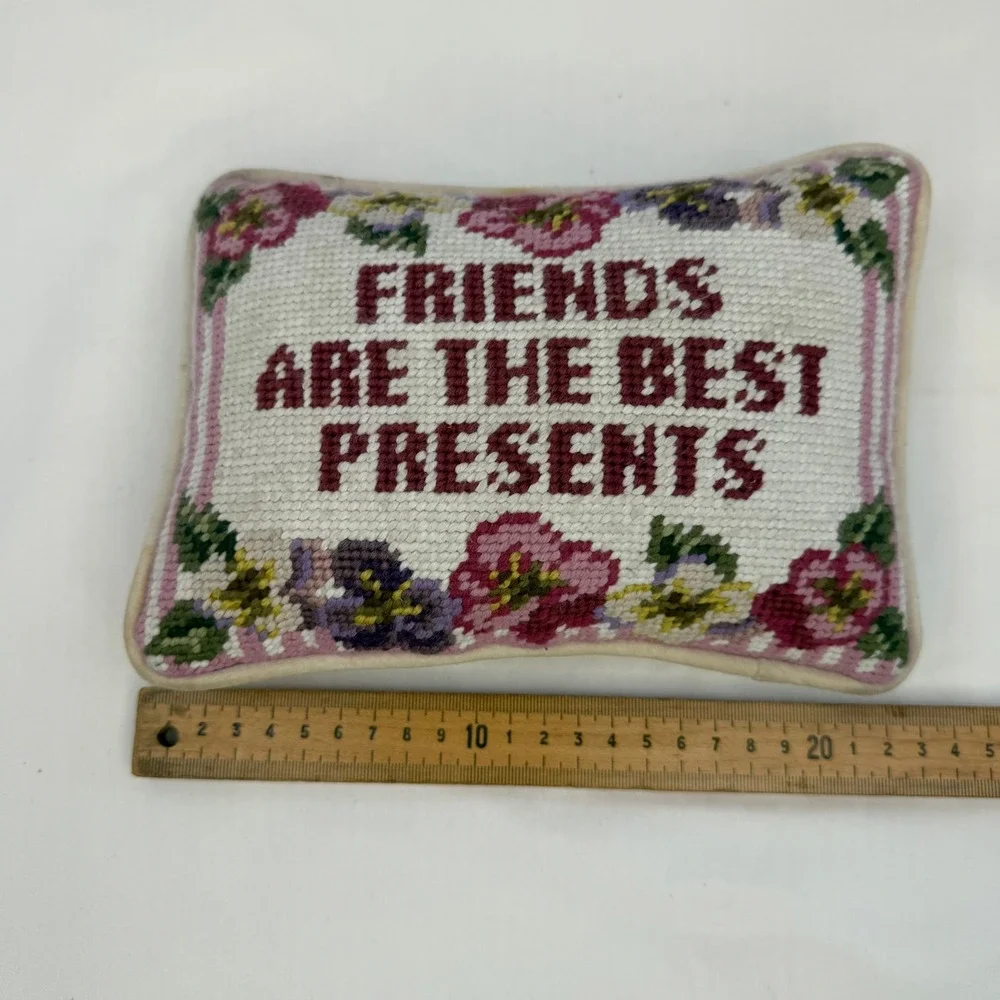 Vintage Needlepoint Pillow Friends Are The Best Presents Floral Pansy Decor 9x7